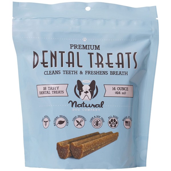Natural Dog Company Premium Dental Treats, Dog Dental Chew to Clean Teeth and Freshen Breath, For All Breeds Sizes, Made in USA, Includes 18 Treats