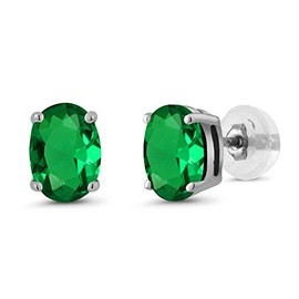 Gem Stone King 14K White Gold Green Nano Emerald Stud Basket Setting Earrings For Women Men (1.20 Cttw, Gemstone May Birthstone, Oval 7X5MM)