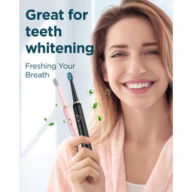 Rtauys 2 Pack Electric Toothbrush for Adults - 2 Rechargeable Electric Toothbrushes with 12 Brush Heads & 2 Travel Case, Power Electric Toothbrush with Holder, 3 Hrs Charge for 120 Days - Black+Pink