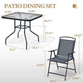 Crestlive Products 5 Piece Patio Dining Set with 4 Folding Chairs and Table Outdoor Dining Furniture with Square Glass Tabletop, Umbrella Hole for Bistro, Garden, Backyard, Deck(Grey)