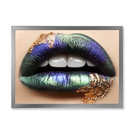 DesignQ Female Lips With Green Lipstick & Teeth Modern Framed Wall Art