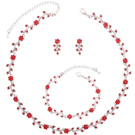 Enrwin Austrian Crystal Rhinestone Choker Necklace Dangle Earring Link Bracelet Jewelry Set for Brides Bridesmaid Prom Costume Accessories for Women (En001-Siam-Platinum Plated)