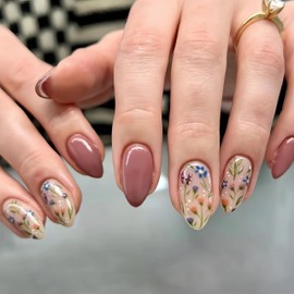 KQueenest Pack of 30 Flower Nails for Sticking, Short Almond - Pink Press On Nails with Floral Design, Full Cover, Natural Nude Fake Nails, Artificial Fingernails, Coquettish Acrylic Nails for Women