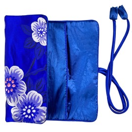 Wei Long Jewelry Roll,Travel Jewelry Roll Bag,Silk Embroidery Brocade Jewelry Organizer Case with Tie Close,(Flower2,Royal Blue)