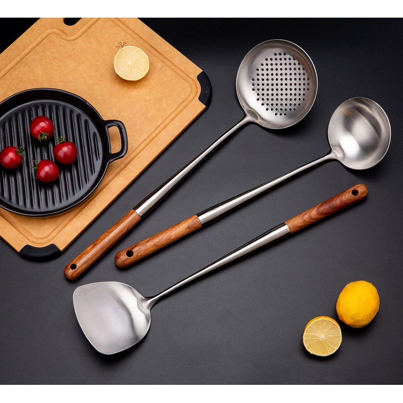 FJNATINH Wok Spatula and Ladle,Skimmer Ladle Tool Set, 17inches Spatula