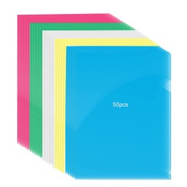 Pack of 50 A4 Document Folders, 5 Colours, File Folders, File Covers, Clear Pockets, Side Open, Made of Plastic, A4 Transparent File Sleeves for File Paper Cover, Work, Report, Project, Presentation