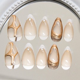 French Tip Press on Nails Gold 3D Acrylic False Nails Short Almond Fake Nails Press ons with Gold Line Designs Star Rhinestone Glue on Nails Glossy Stick on Nails for Women Girls 24Pcs