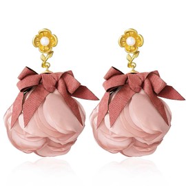 Aksod Bohemian Flower Earrings Pink Large Floral Earrings Stud Big Lightweight Fabric Rose Dangle Earrings Statement Jewelry for Women (Light Pink)