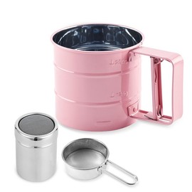 Emime 3 in1 Stainless Steel Flour Sifter for Baking 3 Cup Sifter for baking, Flour Sifter for Baking Cakes, Pastries, Cupcakes and Desserts, Powdered Sugar Shaker Duster, With Hand Press Design (Pink)