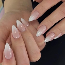 Ombre French False Nails Medium Almond, SXVME French Press on Nails Medium, Gradient Nude White Fake Nails Almond, Ombre Pink Nude Nails Press on, Acrylic Stick on Nails for Women Daily Wear