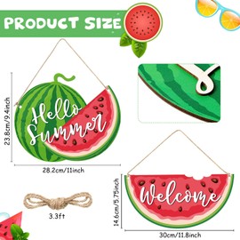 Unittype 2 Pcs 3D Watermelon Hanging Sign Large Wooden Watermelon Decor Welcome and Hello Summer Door Hanger Decoration for Summer Front Door Wreath Home Wall Decor with Hanging Rope