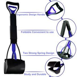 Greatbond Pooper Scooper, 32" Long Handle Dog Poop Scooper for Large Medium Small Dogs, Durable Spring and High Strength Material Foldable Waste Pickup Tool for Easy Grass and Gravel Pick Up, Blue