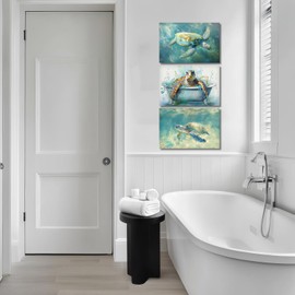 LYUNSHUO 3 Piece Turtle Wall Art Bathroom Wall Decor Sea Creature Canvas Prints Funny Turtle in Bathtub Picture Ocean Theme Painting Modern Artwork Home Decor Frame(Art-1,11.00"x14.00"x3P)