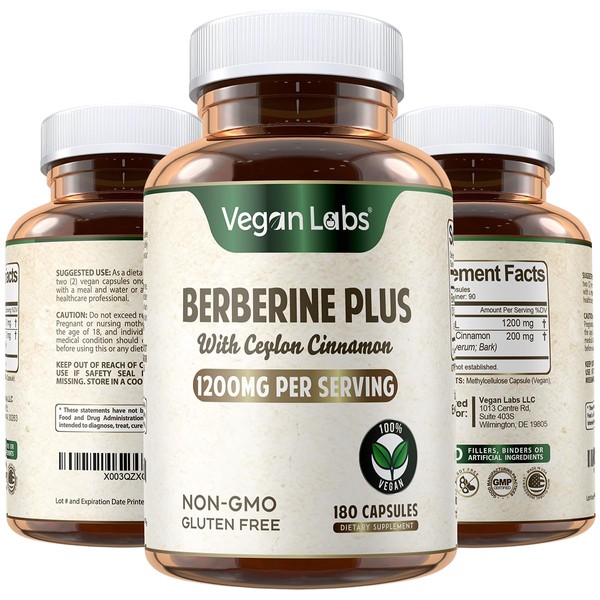 Vegan Labs Berberine HCL 1200MG with Organic Ceylon Cinnamon- 180