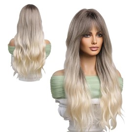 Pelucas para Mujer de Largo, Peluca Ondulada Rizada con Flequillo, Pelo Esponjoso, Ideal para Fiestas, Halloween, Juegos de Rol, Fiestas y Cualquier Otra Escena (Oro Blanco Degradado, 71cm)