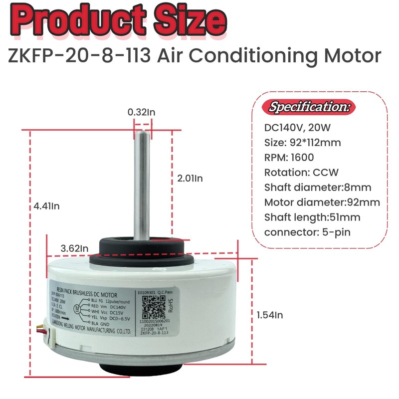 Air Conditioning Motor ZKFP-20-8-113, Brushless DC Motor fit for Midea