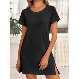 Tankaneo Womens Nightgown Short Sleeve Sleepwear Comfy Sleepshirts Casual Crew Neck Nightshirt Pajama Dress Black