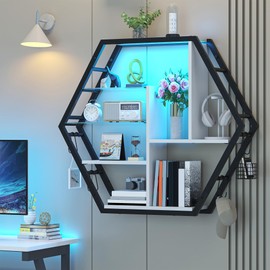 kepptory 39 inch Large Gaming Floating Shelves with LED Lights, 5 Tier Gaming Shelf for Wall with 2 Removable Glass Shelves, Wall Display Shelf Bookshelf with 8 Hooks for Bedroom, Game Room