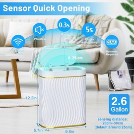 Bathroom Small Trash Can with Automatic Touchless Lid, 2.6 Gallon Smart Garbage Can Narrow Waterproof Trash Bin for Bedroom, Office, Living Room Ogikey