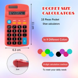 18 Pieces Pocket Calculator Bulk, Small Basic 4 Function Calculators, Mini 8 Digit Display Hand held Calculator, Scientific Calculators for Home, Office, School (9 Colors)