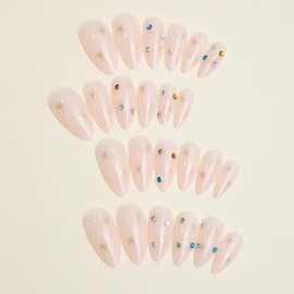 Generic 24pcs Press on Nails Star Fake Nails Decoration Colour Star Glue on Nails Kit Exquisite Press on Finger Nail Pointed Almond Set Acrylic Artificial Nails Set for Women Full Cute Nails