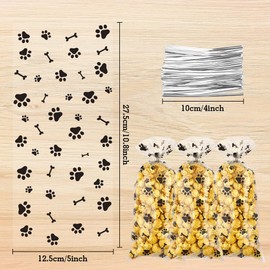 Paw Print Dog Treat Bags 100PCS Dog Print Cellophane Treat Bags Dog Paw Print Gift Bags Heat Sealable Candy Bags with 100 Silver Twist Ties for Pet Christmas Decor Birthday Party Favor Supplies Black