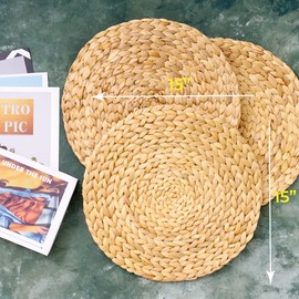 (4 Sizes: 12"-13"-14"-15") BARIEN Woven Placemats Round Set of 10, Natural Water Hyacinth Weave Placemat for Dining Table, Large Handmade Woven Placemats Heat Resistant Non-Slip (15" - Set of 10)