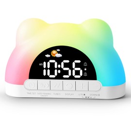Hournor Kids Alarm Clock, Ok to Wake Alarm Clock for Kids, Toddlers Sleep Training Clock with 12 Colors Night Light for Bedroom, Sound Machine, Birthday Gift for Boys Girls Children(Adapter Include)