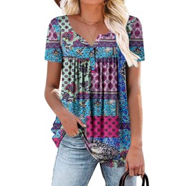 ROSELINLIN Womens Tops Dressy Casual Short Sleeve Shirts Loose Fit Flowy Summer Tops Blue Blocks L