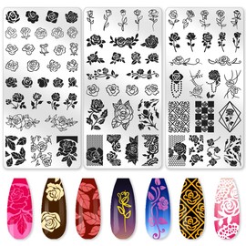 beinkmake 3Pcs Roses Nail Stamping Plate Set Vintage Flower Nail Stamp Templates Elegant Floral Leaf Metal Reusable Tools with Stamper Scraper for Manicure Printing