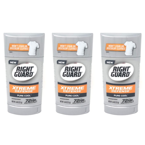 Right Guard Xtreme Defense Desodorante antitranspirante sólido invisible, Pure Cool, 2.6 oz (Paquete de 3)