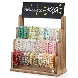 Emfogo Bracelet Holder with Advertising Board, 3 Tier Bracelet Organizer Stand Storage for Bracelets Bangles, Rustic Wood Jewelry Display for Vendors, Craft Shows (Rustic Brown)