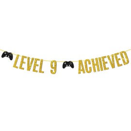 Embhhor Level 9 Achieved Banner, Game on Level 9 Hanging Sign, Glittery Video Gamer Happy 9th Birthday Party Decorations