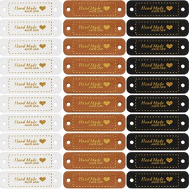 WILLBOND 30 Pcs Leather Tags for Crochet Items PU Leather Labels Handmade Items Crochet Tags for Handmade Knit Accessories with Holes DIY Crafts Sewing Knitting(Brown, Black, White)