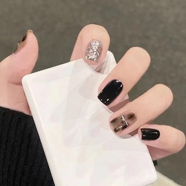 BHIDENAW Nail Tips, 24 Pieces, Nail Tips, Short, Autumn, Winter, Popular, Japanese Style, Cute, Simple, Stylish, Coming of Age Ceremonies, School Entrance Ceremonies, Graduation Ceremonies, Weddings,