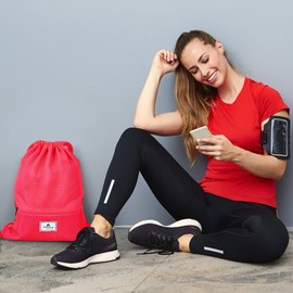 COSTWAY Drawstring Backpack, Folding Sports Gym Backpack with Zipper Pockets, String Cinch Bag for Gym Shopping Sport Yoga Beach Travel Camping Workout Gear