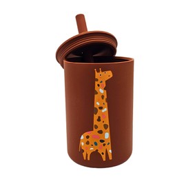 Vaso entrenador con tapa y pajilla, flexible de silicona irrompible, antiderrames 150 ml (Naranja Oscuro - Jirafa)