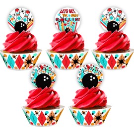 Bowling Cupcake Toppers and Cupcake Wrappers - 24 Cupcake Toppers and 24 Cupcake Wrappers - Bowling Party Supplies - Bowling Party Decorations - Red Retro Cupcake