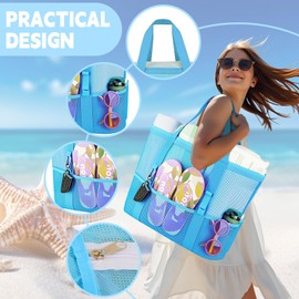 CIYIN Mesh Beach Bag, Large Beach Bag, XXL Family, Shopper Women's Large Swimming Bag with Waterproof Bag, Lightweight Beach Bag for Swimming Pool, Holiday & Beach (43 x 21 x 39 cm), blue