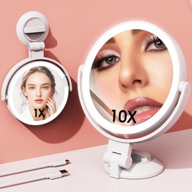 10X/1X Makeup Mirror with Lights and Magnification, 7.1” Wall Mounted Desktop Double-sided Magnifying Mirror with Suction Cup, 360°Swivel Rechargeable Travel Vanity Mirror with 3 Colors & Dimmable