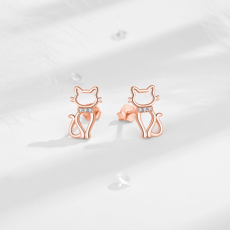 INFUSEU Cute Cat Earrings Sterling Silver Stud for Women Teen