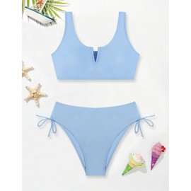 Glaoly Girls Swimsuit 2 Piece V-Neck Cutout Girls' Swimwear Top High Waisted Bottom Girls Bathing Suits Size 9-10 Light Blue