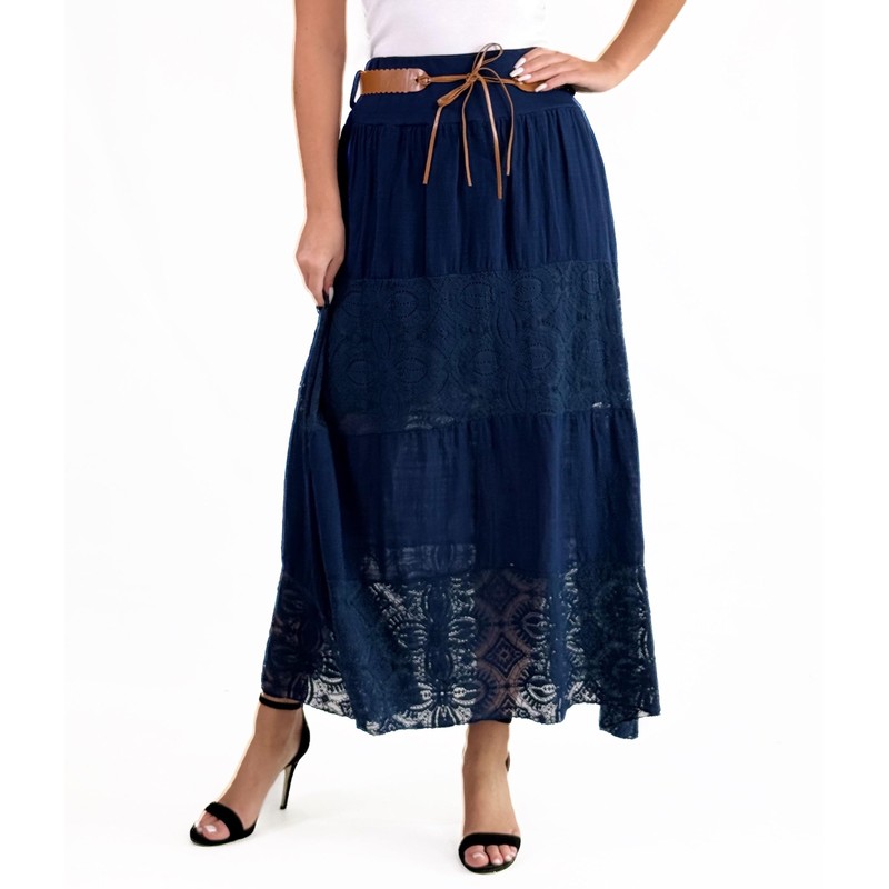 Mississhop Langer Baumwollrock mit Spitze & Gürtel 3094 Dunkelblau
