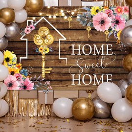 InMemory New House Key Housewarming Backdrop Wooden Flowers Sparkling Lights Home Sweet Home Party Decorations Banner Wallpaper Photo Photography Background 7x5ft