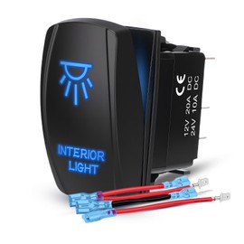 Weasch Interior Light Rocker Switch, On Off SPST 5 Pin Latching Switch, 20A 12V 10A 24V, with Jumper Wires for Car Boat Truck Trailer, Blue