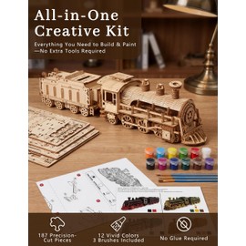 BOOZUU 3D Wooden Steam Train Puzzle for Adults, Build and Paint Wooden Train Model Kit, 282 Pcs DIY Train Craft for Teen Age 14+