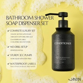 JANXIN Shampoo and Conditioner Dispenser Set of 3 for Wall Mount,16.9 fl oz Drill Free Shower Soap Bottles with Labels,Refillable Body Wash Dispensers for Bathroom Decor (Black Bottles +Black Pumps)