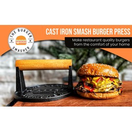 The Burger Smasher™ Pre-Seasoned Heavy Duty Cast Iron Smash Burger Press Kit - Heat Resistant Burger Smasher for Griddle, Food, Chef, Meat & Cooking Press, Hamburger Smasher - 30 Patty Paper