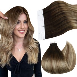 Ugeat Real Hair Tapes Extensions with Tape 4/6/613 Dark Brown with Medium Brown to Bleach Blonde Balayage Extensions Tape Real Hair Extension Tape 50 g / 20 Pieces 40 cm