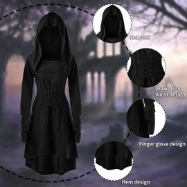 CNVAUIE Women's Medieval Hooded Dress Renaissance Costume Set with Arm Guards, Belt, Belt Bag, Stockings, Accessories (Black, 3XL)